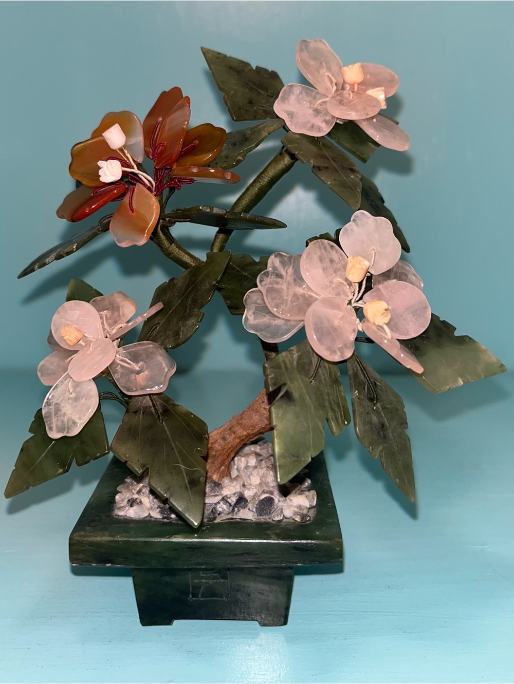 Vintage Chinese Faux Bonsai Floral Tree Carved Jade and Quartz Flowers / Leaves